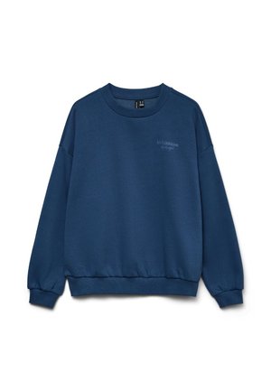 Tmavě modrá mikina s kulatým výstřihem, dlouhými rukávy a žebrovanými manžetami, lemem a límcem, s malým nápisem na levé straně hrudi.