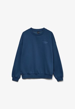 Marineblå crewneck-sweatshirt med lange ærmer og ribstrikkede manchetter, kant og krave, med lille tekst på venstre brystområde.
