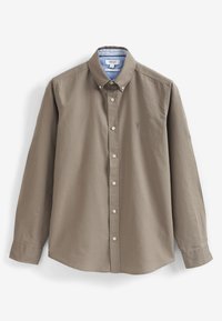 Koszula z długim rękawem, zapinana na guziki, w stonowanym oliwkowym kolorze, wykonana z bawełny, z kołnierzykiem, pięcioma guzikami i małym logo na piersi.