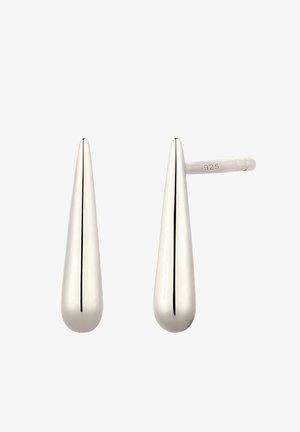 Paar polierte, silberne Ohrstecker in Tropfenform, einer zeigt die "925" Sterling-Silber-Kontur auf dem Stecker.