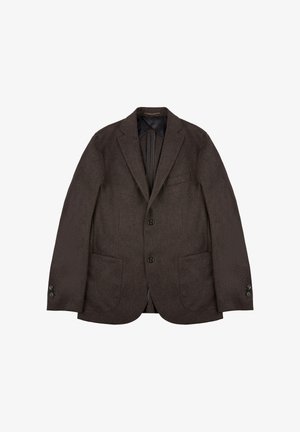 Brauner Wollblazer mit klassischem Reverskragen, zwei Vorderasche, drei Knöpfen, glatter Innenverarbeitung und taillierter Struktur.