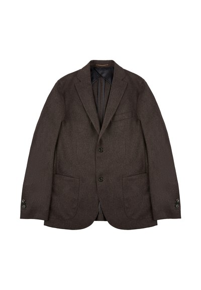 Blazer in lana marrone con colletto a punta classico, due tasche frontali e tre bottoni, dotato di fodera interna liscia e struttura sartoriale.