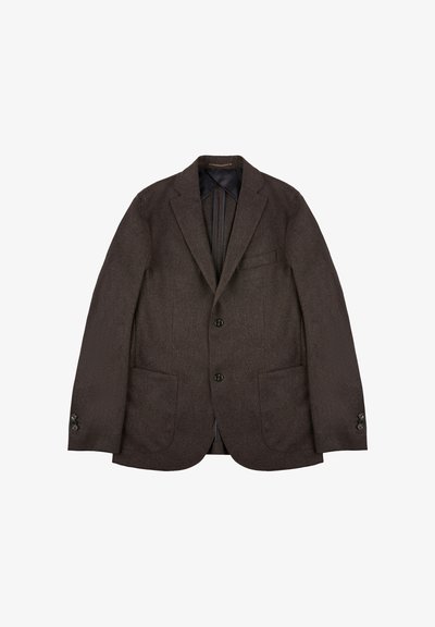 Brązowy wełniany żakiet z klasycznym wycięciem na klapach, dwoma przednimi kieszeniami i trzema guzikami, z gładką podszewką i dopasowaną strukturą.