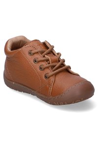Brown leather lace-up ankle boot, textured surface, round toe, rubber sole, reinforced toe cap, and light brown laces.