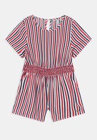 Pasiasty kombinezon z pionowymi paskami w kolorach czerwonym, białym i granatowym, krótkie rękawy, gumowany pas oraz zapięcie w kształcie dziurki na plecach.