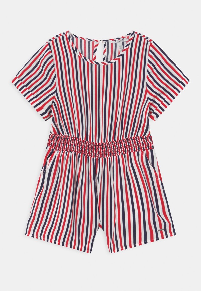 Pasiasty kombinezon z pionowymi paskami w kolorach czerwonym, białym i granatowym, krótkie rękawy, gumowany pas oraz zapięcie w kształcie dziurki na plecach.