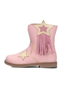 Pink leather ankle boot featuring golden star accents and pink fringes. Notable stitching detail along the sole. Rounded toe design.