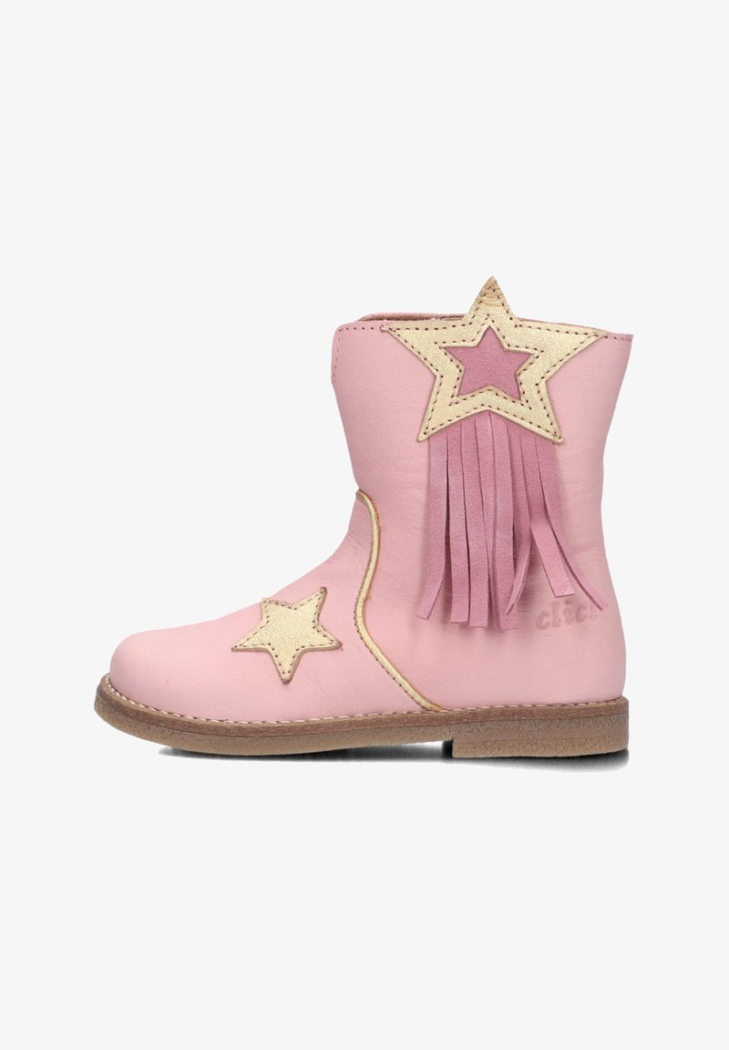 Pink leather ankle boot featuring golden star accents and pink fringes. Notable stitching detail along the sole. Rounded toe design.