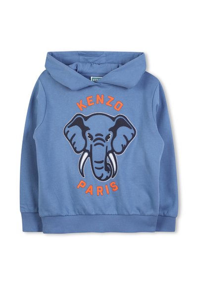Niebieska bluza z kangurzą kieszenią, z grafiką słonia i napisem "KENZO PARIS". Wykonana z miękkiej mieszanki bawełny.