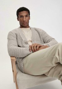 Hellgrauer, gestrickter Cardigan mit einem Zickzackmuster, ausgestattet mit einem gerippten Kragen und einem einzelnen Knopfverschluss. Kombiniert mit beigen Hosen.