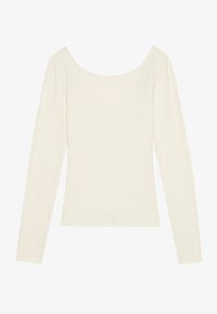 Long-sleeve top made of ribbed fabric, off-white color, with a scooped neckline and fitted silhouette, featuring a textured pattern.