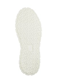 White rubber sneaker sole with textured surface, featuring small ridges for grip and a square logo labeled "s.O" near the heel.