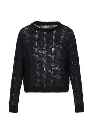 Sort cropped sweater i løst strik med rund halsudskæring og lange ærmer med ribkant ved håndleddene og i kanten. Tekstureret, let materiale.