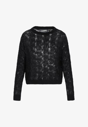 Melnā īsā džemperis ar brīvu adījumu, kas aprīkots ar apaļu kakla izgriezumu un garām piedurknēm ar ribotiem maliņām un apakšmalu. Teksturēts, viegls materiāls.