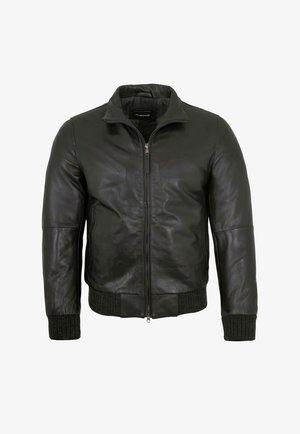 Schwarze Bomberjacke aus Leder mit Frontreißverschluss, gerippten Bündchen und Saum sowie einem Stehkragen.