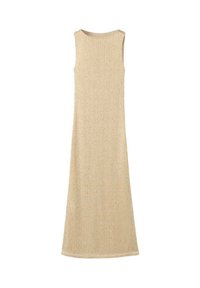 Vestido sin mangas color beige con un patrón de punto texturizado, de largo largo y un cuello redondo liso, con un sutil diseño tejido a lo largo.