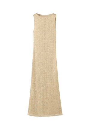 Robe sans manches beige avec un motif tricoté texturé, de longueur longue, et un col rond lisse, présentant un design tissé subtil sur l'ensemble.