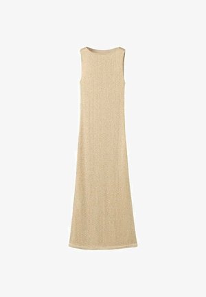 Robe sans manches beige avec un motif tricoté texturé, de longueur longue, et un col rond lisse, présentant un design tissé subtil sur l'ensemble.