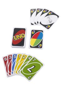 UNO card game featuring a black card with "UNO" in yellow, colorful action cards, and number cards in red, blue, yellow, green.