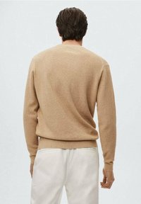 Beige gebreide trui met een geribbelde textuur, ronde hals en aansluitende manchetten, gezien van achteren met witte broek.