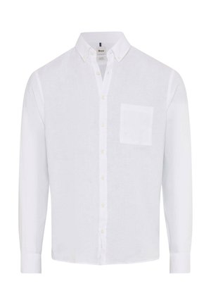 Weißes langärmliges Hemd mit Knopfleiste, Button-Down-Kragen und einer einzelnen Brusttasche, vor einfarbigem Hintergrund präsentiert.