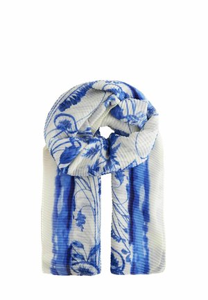 Blue and white floral patterned scarf made of textured fabric, featuring wavy blue stripes and intricate botanical designs.