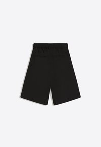 Black tailored knee-length shorts with belt loops and two back welt pockets on a plain light background.