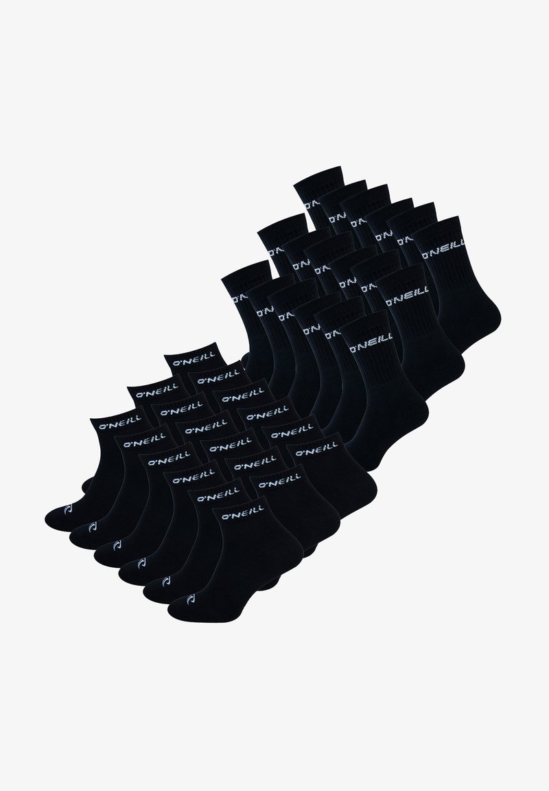 Zwarte katoenen sokken met geribde boorden, voorzien van het witte "O'Neill" logo. Geplaatst in een groep, waarmee het uniforme ontwerp en de textuur worden getoond.