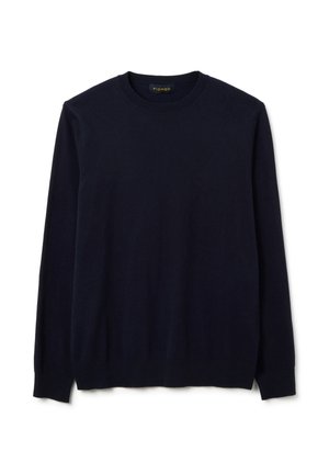 Dunkelmarineblauer Pullover aus weichem Material, mit Rundhalsausschnitt und langen Ärmeln, ausgestattet mit gerippten Bündchen und Saumdetails.