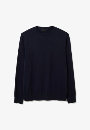 Maglione blu navy scuro realizzato in materiale morbido, con scollatura rotonda e maniche lunghe, presentando dettagli in costina sui polsi e sull'orlo.