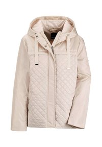 Lichtbeige gewatteerde jas met een afneembare kap, voorrits, twee zakken en trekkoordaccenten. Glad textuur, casual ontwerp.