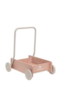 Tr�ækkelegetøj lavet af træ med en pastelfarvet pink krop, beige håndtag og hjul. Har legende grafik indeni vognen. Branding på fronten.