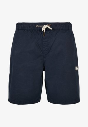 Tamsiai mėlynos maudymosi šortai, pagaminti iš lengvos medžiagos, su elastinga juosmeniu ir šviesiais raišteliais. Turintys mažą logotipo pleistrą.