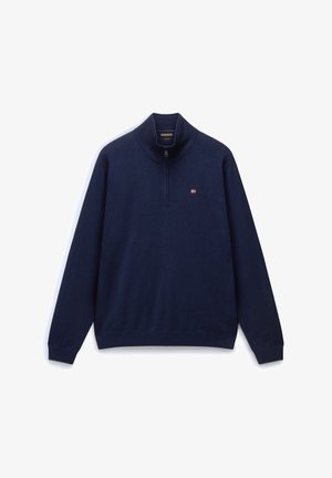Pullover blu navy con colletto alto, presenta una chiusura a metà zip frontale e un piccolo logo sul petto. Realizzato in un morbido tessuto testurizzato.