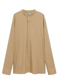 Beige long-sleeve shirt with mandarin collar and five-button placket, made of lightweight fabric, displayed flat on white background.