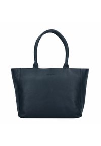Borsa tote in pelle blu navy con due manici arrotondati, texture liscia e corpo spazioso. Presenta un logo impresso in modo discreto sulla parte frontale.
