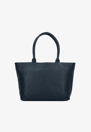 Borsa tote in pelle blu navy con due manici arrotondati, texture liscia e corpo spazioso. Presenta un logo impresso in modo discreto sulla parte frontale.