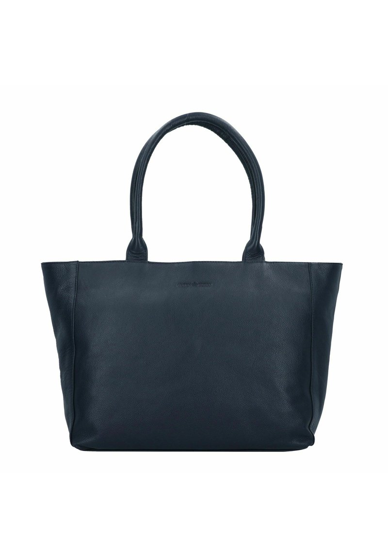 Borsa tote in pelle blu navy con due manici arrotondati, texture liscia e corpo spazioso. Presenta un logo impresso in modo discreto sulla parte frontale.