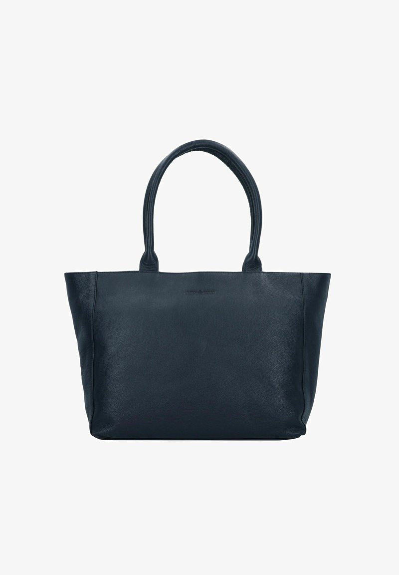 Borsa tote in pelle blu navy con due manici arrotondati, texture liscia e corpo spazioso. Presenta un logo impresso in modo discreto sulla parte frontale.