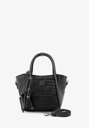 Black leather handbag with vertical stitched pattern, two handles, decorative knots, and a detachable shoulder strap coiled beside it.