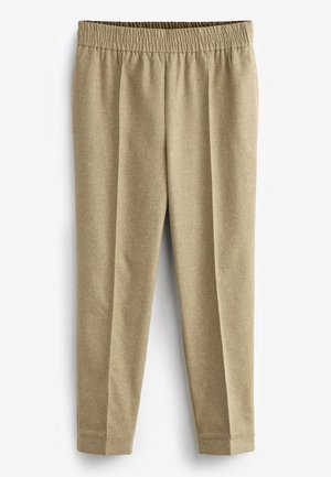 Beige elastic waist trousers with a straight cut and subtle texture, displayed against a white background.
