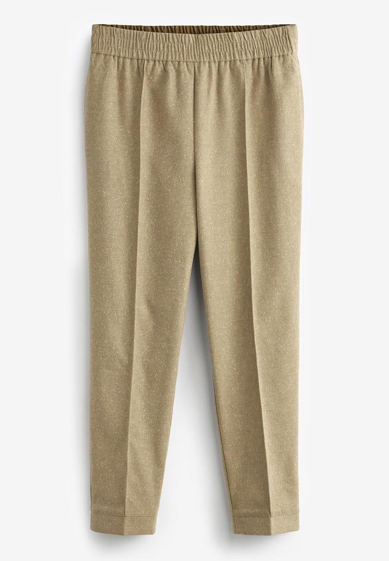 Pantalon beige à taille élastique avec une coupe droite et une texture subtile, présenté sur un fond blanc.