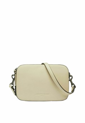 Small rectangular beige leather crossbody bag with adjustable strap and silver metal clasps, brand name embossed on front center.