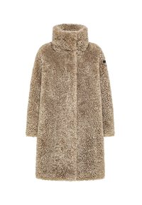 Cappotto lungo in pelliccia sintetica beige con colletto alto e design aperto. Materiale morbido e texturizzato senza chiusure o tasche visibili.