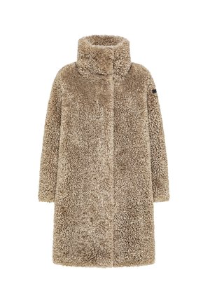 Cappotto lungo in pelliccia sintetica beige con colletto alto e design aperto. Materiale morbido e texturizzato senza chiusure o tasche visibili.