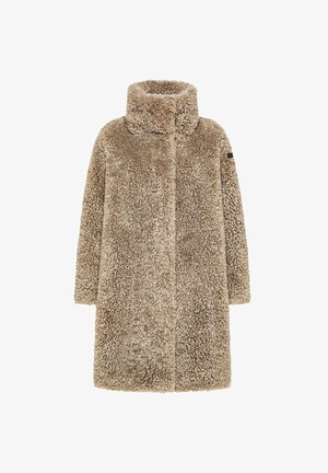 Cappotto lungo in pelliccia sintetica beige con colletto alto e design aperto. Materiale morbido e texturizzato senza chiusure o tasche visibili.