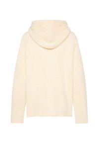 Cream-colored hoodie with a soft, fuzzy texture. Features a hood, long sleeves, and a cropped design. Minimalist style without embellishments.