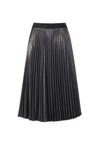 Gelaagde rok in donkergrijs met een metallic glans. Heeft een gladde zwarte tailleband en valt tot net onder de knie.