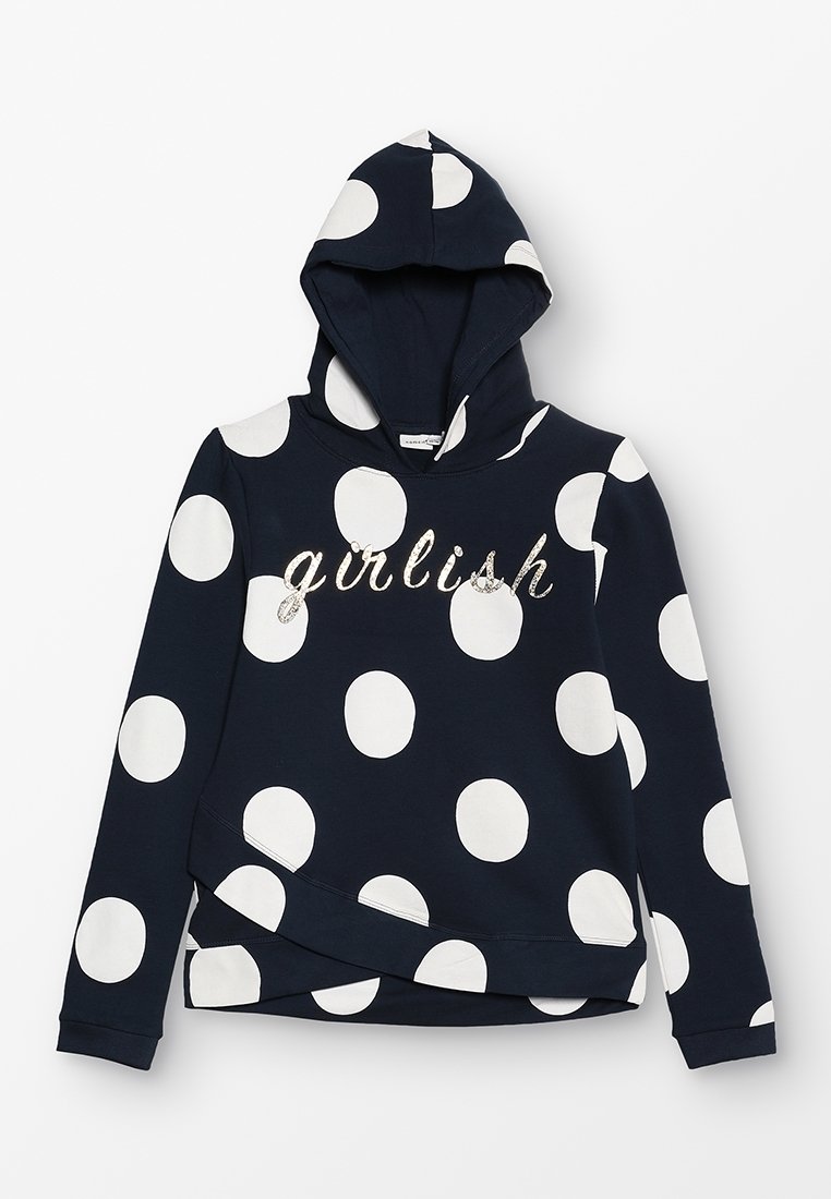 Sweat à capuche bleu marine avec de grands pois blancs et "girlish" écrit en lettres scintillantes sur la poitrine, manches longues et une poche avant.