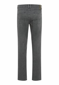 Graue Denim-Jeans mit geradem Schnitt, Gesäßtaschen und einem Lederpatch am Bund. Der Stoff zeigt eine subtile Textur und minimale Verblassung.